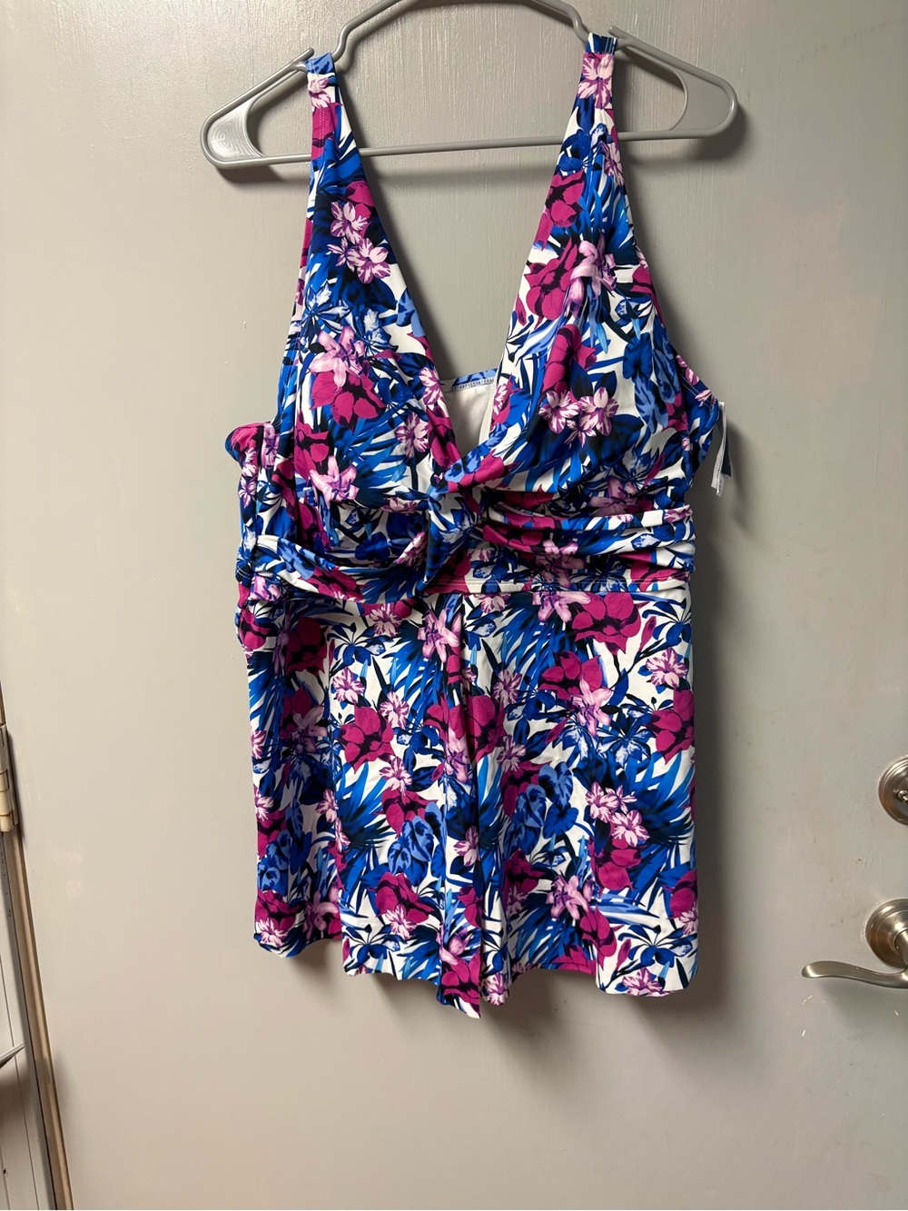 Floral V-Neck Swim Top with Pink & Blue Flowers Size 24